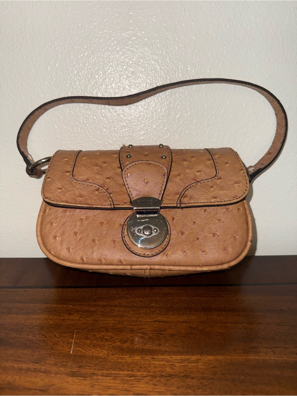 Guess Tan Ostrich-Textured Shoulder Bag with Silver-Tone Lock